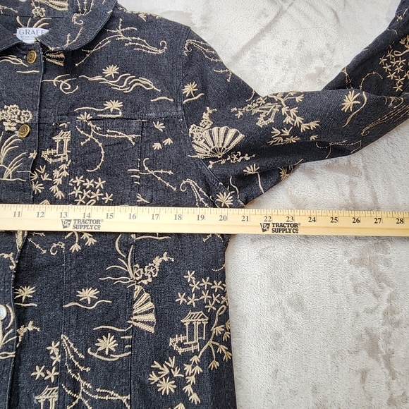 Embroidered Denim Linen Jacket Women’s Medium Oriental Artsy Boho Vintage - Picture 15 of 16